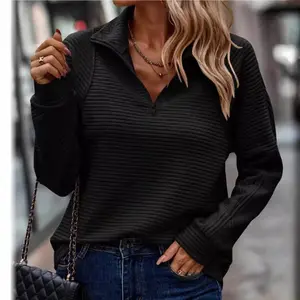 Womens Long Sleeve Quarter Zip Pullover Sweater Casual Loose V Neck Collared Ribbed Knit Jumper Tops Thumb Hole