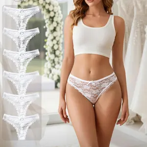 Hotcom Women's 6-Pack Pure White Wedding Collection Bow-Front Contrast Lace Box Set Thongs - Breathable, Comfortable Stretchable, Elegance Underwear for Everyday Wear