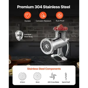 VEVOR Manual Meat Grinder, 304 Stainless Steel Hand Meat Grinder with Steel Table Clamp, Meat Mincer Sausage Maker with 1 Cutting Blade, 2 Cutting Plates, Sausage Tube for Beef Pork Pepper Mushroom
