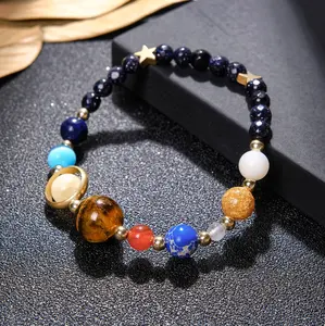 Sofia Natural Blue Goldstone Galaxy Bracelet Planet Gemstone Stretch Bracelet Solar System Universe Family Bracelet for Adults and Kids