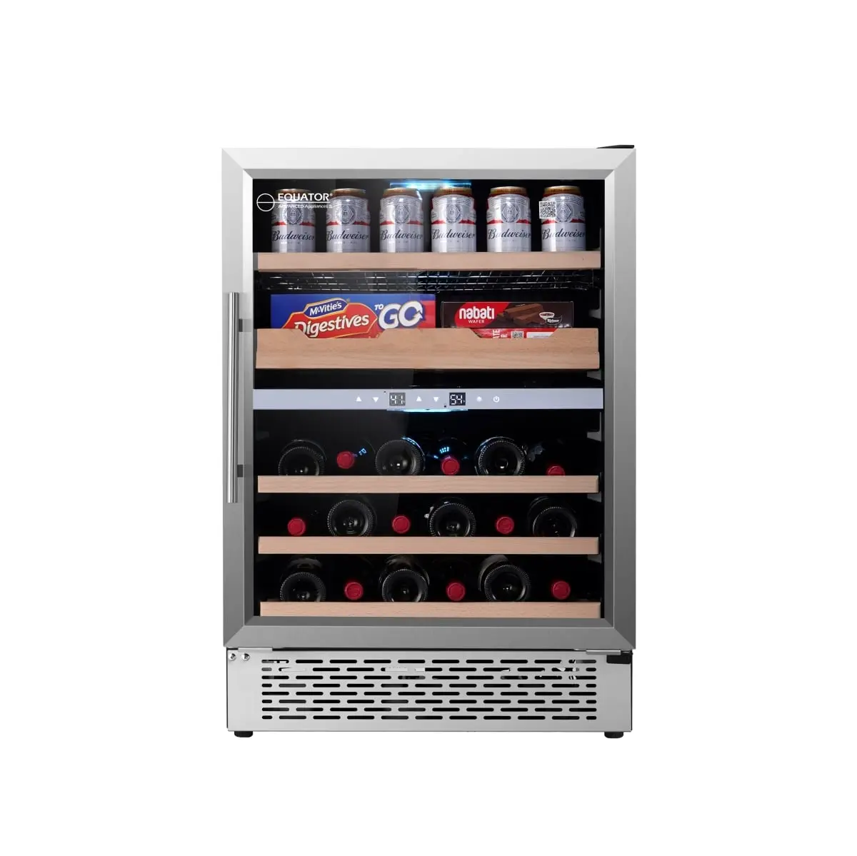 360 Stand 2-Zone Luxury Gourmet Center, Built-In & Freestanding Refrigerator, Stainless Steel Storage Organization, Adjustable Ft, Anti-UV Glass, Holds Cans, Wine Bottles & Fine Foods