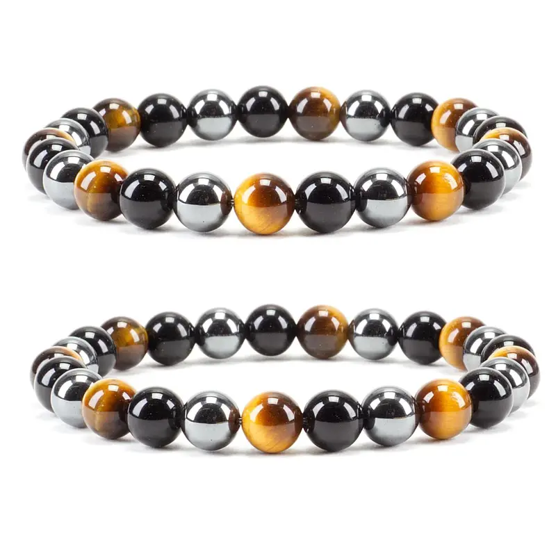 2pcs Triple Protection Bracelet - 8mm Beaded Bracelet for Women Men - Natural Stones of Tiger Eye, Hematite, Black Obsidian - Healing Crystal Bracelet for Anxiety Relief - Adjustable Size