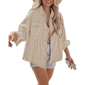 Imily Bela Womens Corduroy Shirts Casual Long Sleeve Button Down Blouses Tunic Babydoll Dress Loose Pocket Jacket Shackets