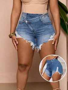 USBoutique Chic Women's Sexy Mini Denim Shorts Jean Shorts Irregular With Pockets Frayed Raw Hem Ripped Summer Denim Shorts