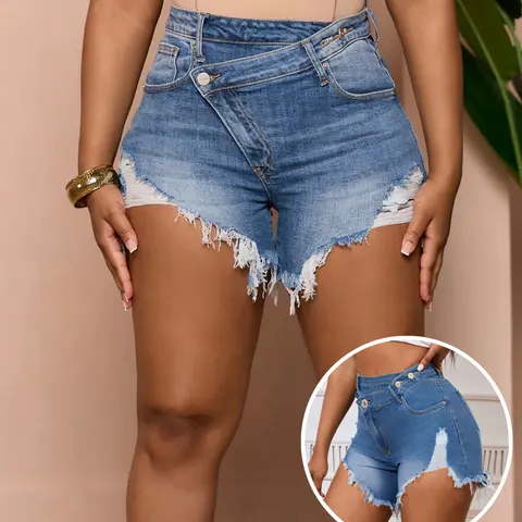 USBoutique Chic Women's Sexy Mini Denim Shorts Jean Shorts Irregular With Pockets Frayed Raw Hem Ripped Summer Denim Shorts