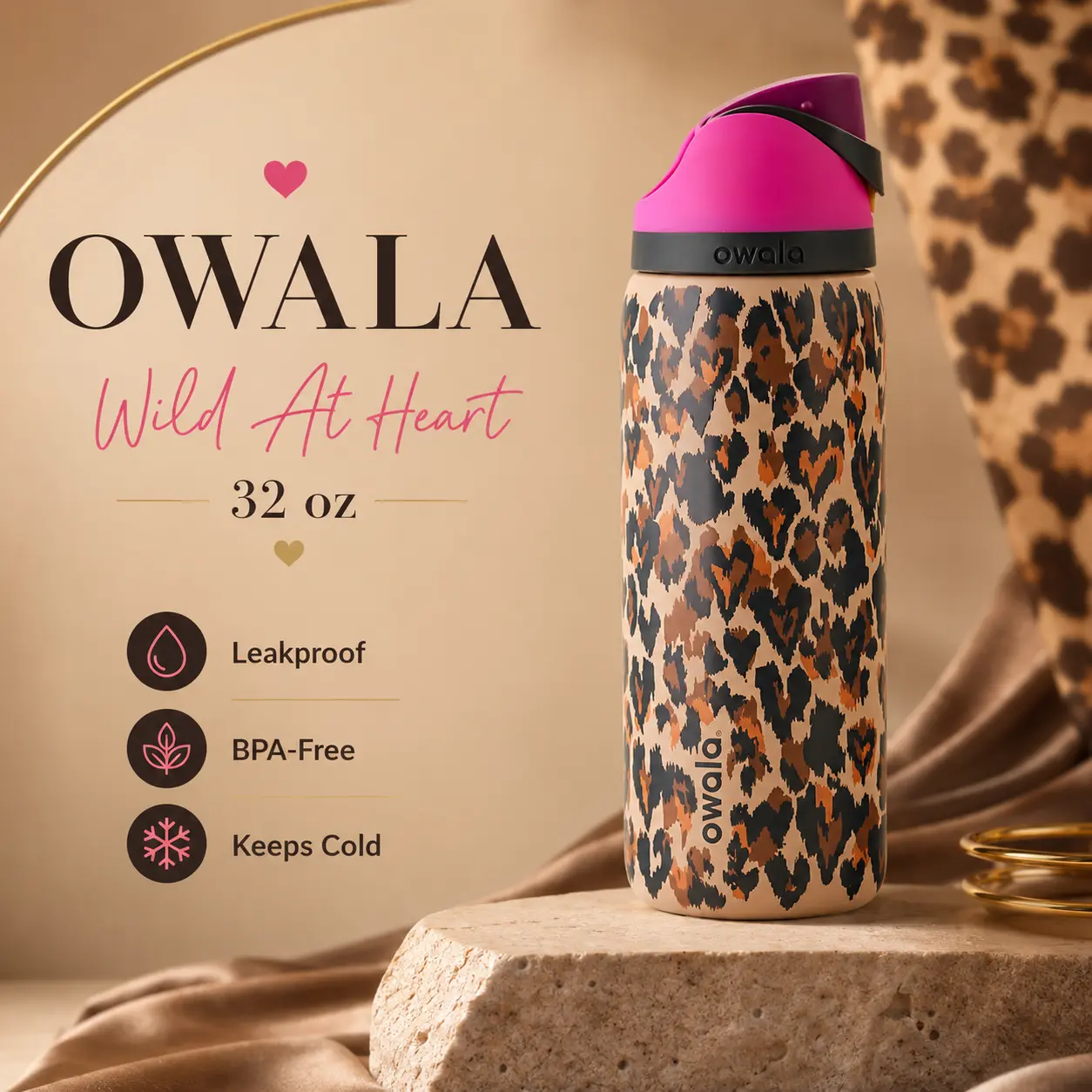 Owala Wild at Heart 32oz Insulated Bottle, Cute Leopard Print FreeSip Water Bottle for Gym, School and Travel