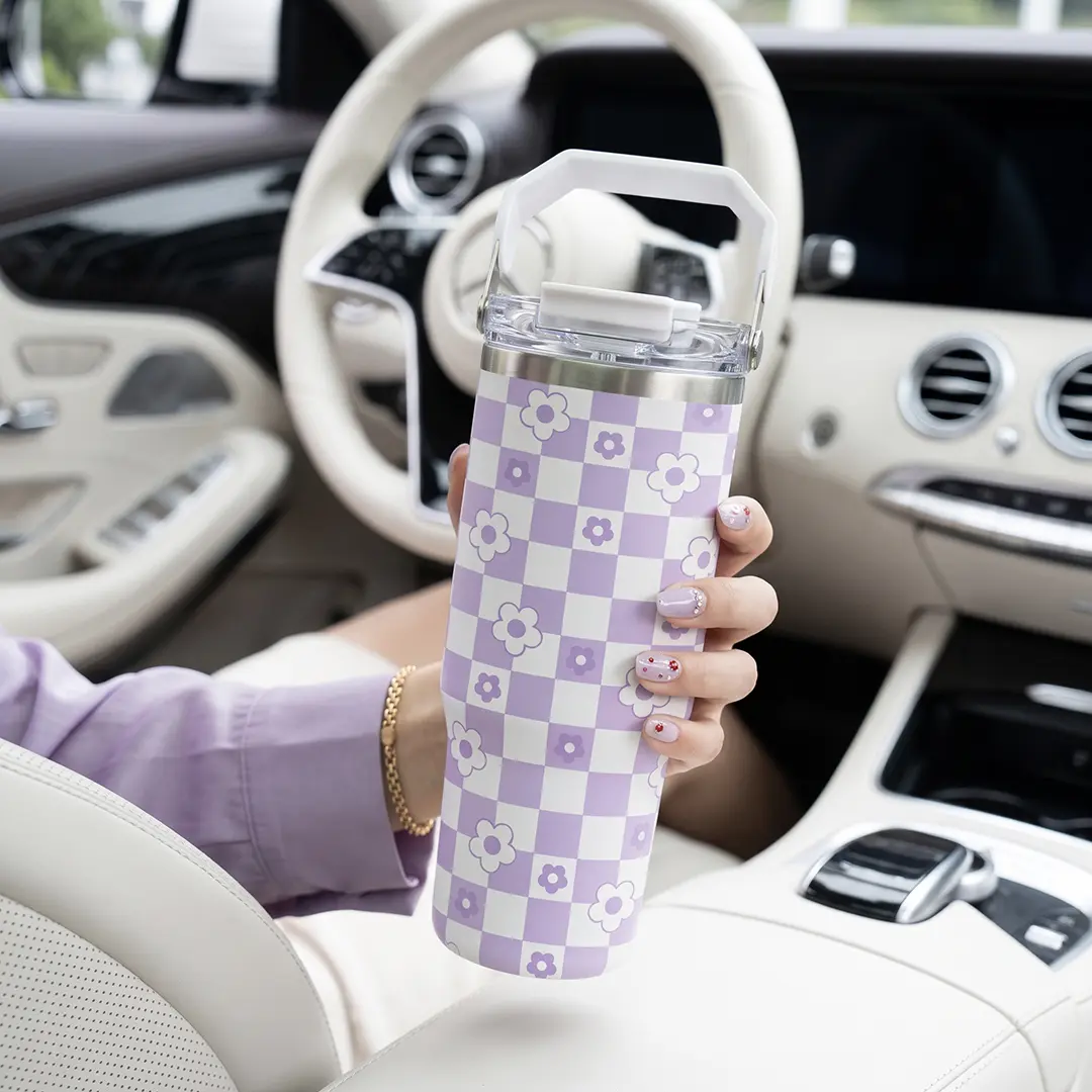 Cute 30oz Pastel Print Tumbler with Handle, 2-in-1 Lid and Straw, Insulated Stainless Steel Cup, Optional Custom Photo or Name