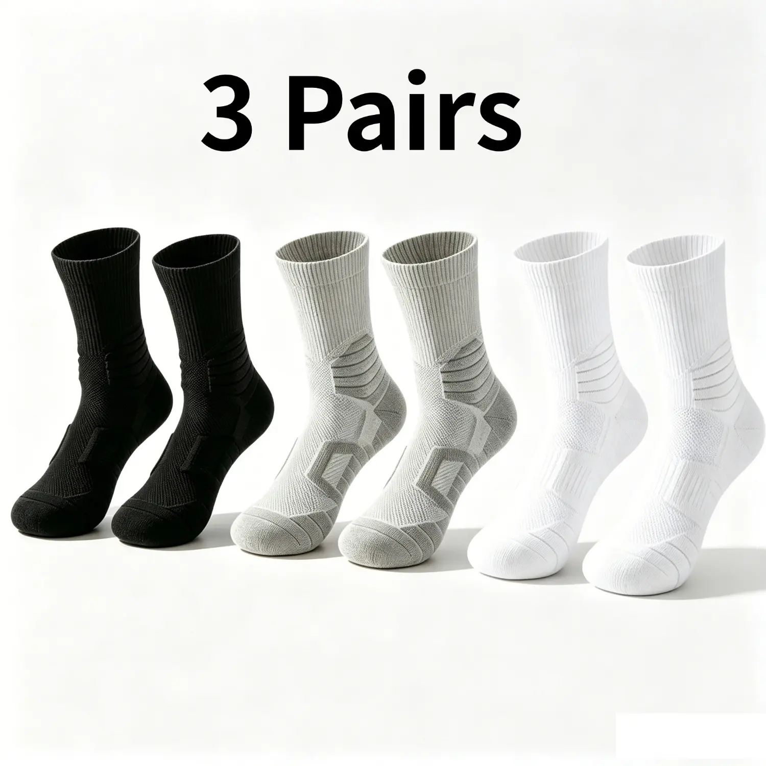 3 Pairs Unisex Crew Sport Socks, Breathable Cotton Athletic Socks, Cushioned Compression Socks, Anti-Blister Running Socks, Non-Slip Arch Support Socks, Moisture Wicking Hiking Socks, Reinforced Heel Work Socks, Stretchy Mid Calf Socks for Men Women,