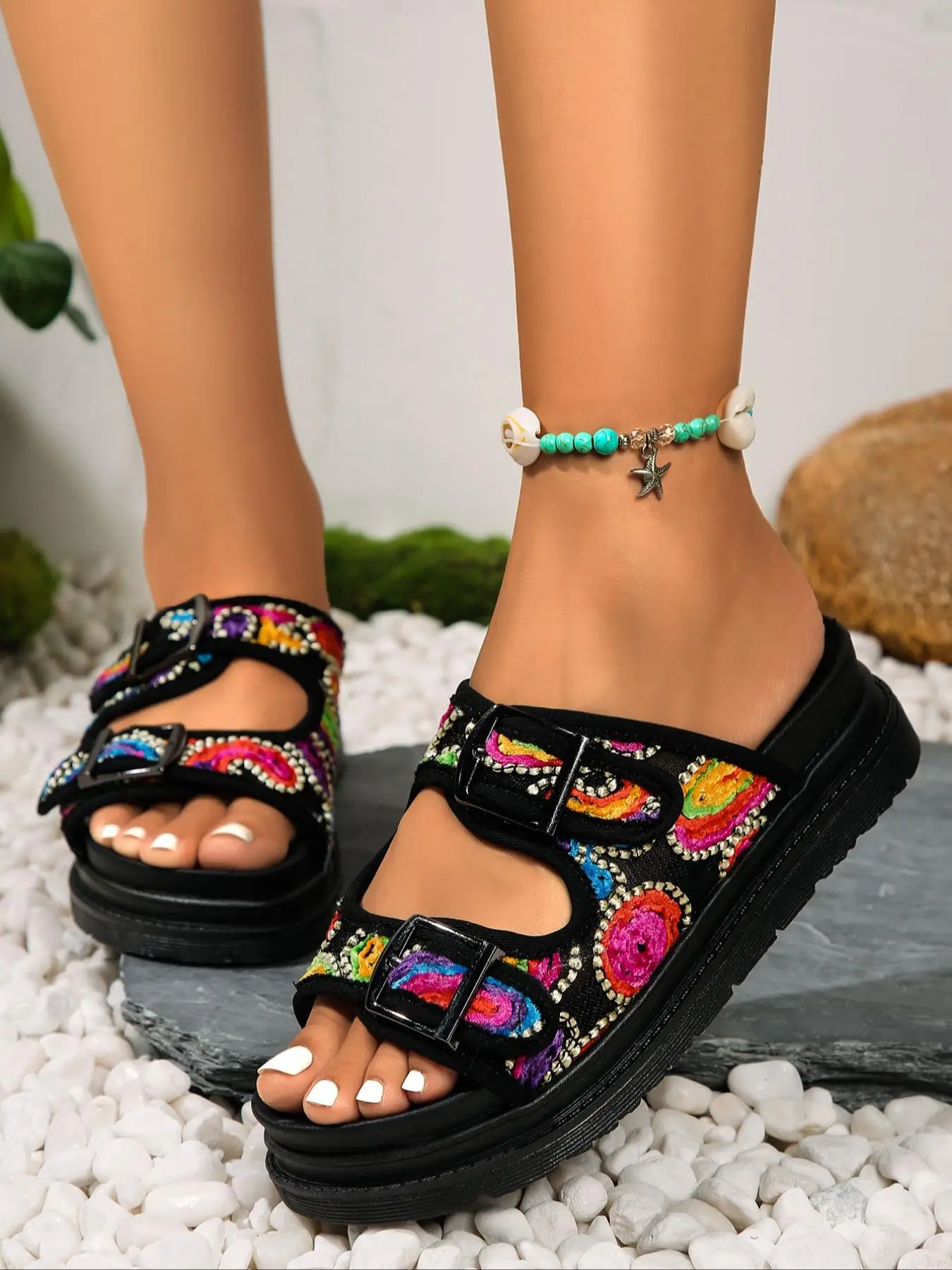 Women's Colorblock Hollow Out Buckle Decor Platform Sandals, Casual Slide Sandals for Summer, Boho Style Beach Women Girls Back To School, Walking Sho