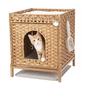 Cat Litter Box Enclosure Hidden Litter Box Furniture with Metal Heightened Feet, Rattan Handwoven Cat House with Litter Mat, Hidden Litter Box Furniture for Bedroom Living Room