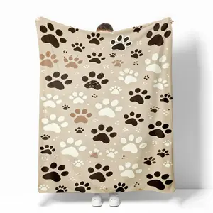 Neutral Tone Pet Paw Print Flannel Blanket, Cute Dog & Cat Paws in Brown & White, Soft & Cozy, Perfect for Pet Lovers, Nursery, or Gift for Animal Enthusiasts