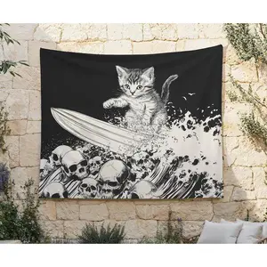 Heavy Metal Kitten Tapestry Surfing on a Sea of Skulls, Unhinged Hardcore Cat Wall Hanging, Weirdly Specific MTG Playmat Style Backdrop, Funny Cat Meme Wall Art That Goes Hard, Cursed Image Aesthetic Decor