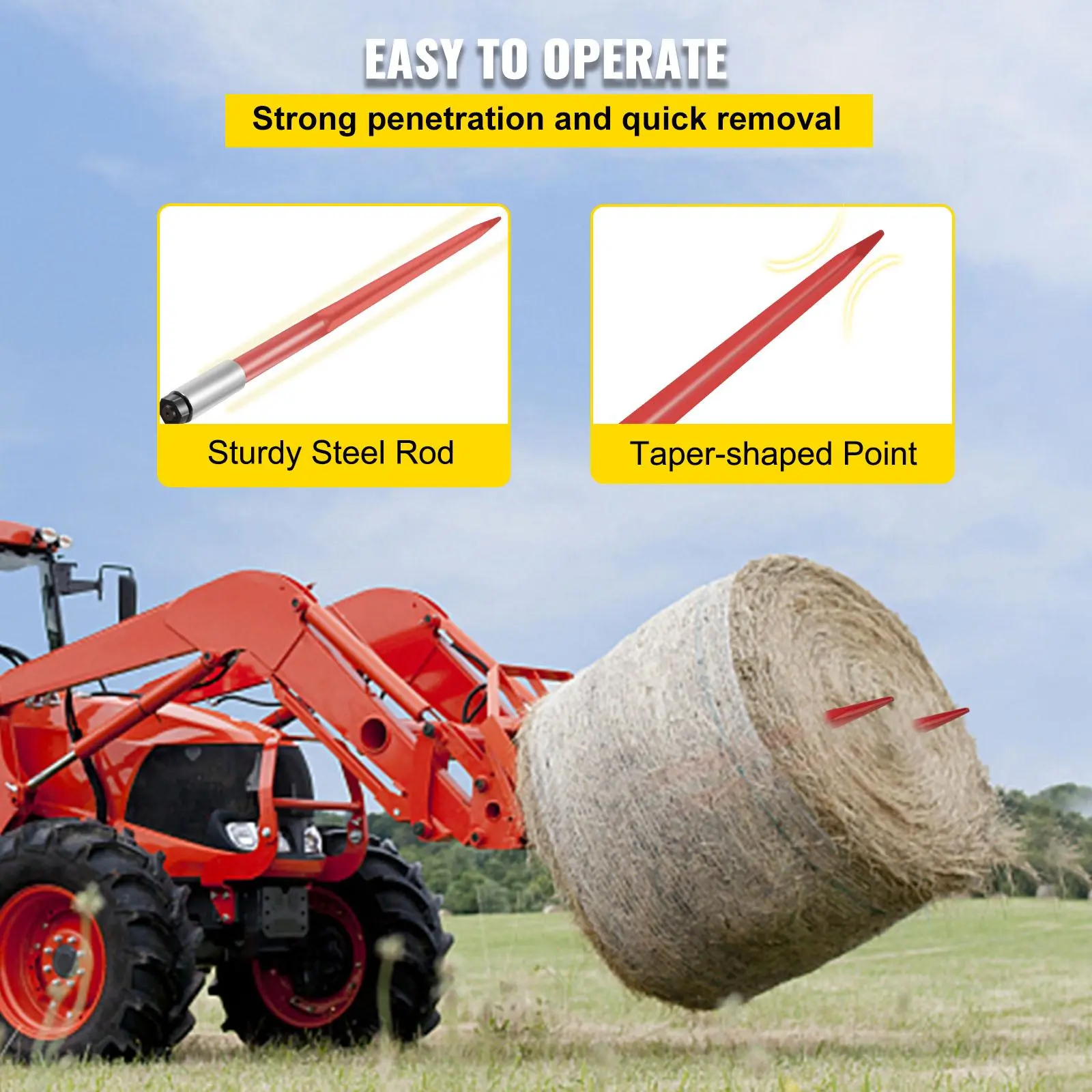 【summerfinds】VEVOR Pair Hay Spear 43" Bale Spear 3000 lbs Capacity, Bale Spike Quick Attach Square Hay Bale Spears 1 3/4", Red Coated Bale Forks, Bale Hay Spike with Hex Nut & Sleeve for Buckets Tractors Loaders