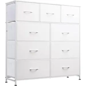 9-Drawer Dresser, Fabric Storage Tower for Bedroom, Hallway, Closet, Tall Chest Organizer Unit for Bedroom with Fabric Bins, Steel Frame, Wood Top, Easy Pull Handle, White