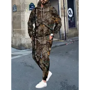 Men's Casual 3D Printed Hooded Sweatshirt and Jogging Pants Set, Polyester Knit Fabric, Long Sleeve Drawstring Hoodie with Pullovers, Outdoor Hiking, Weekend Casual, Regular Fit, Spring/Fall Season