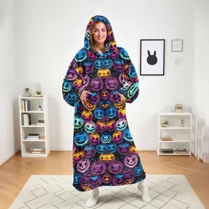 Halloween Pumpkin Color Changing Wearable Blanket, Soft Warm Oversized Throw, Cozy Hooded Blanket for Sofa Home Office Camping Travel Gift