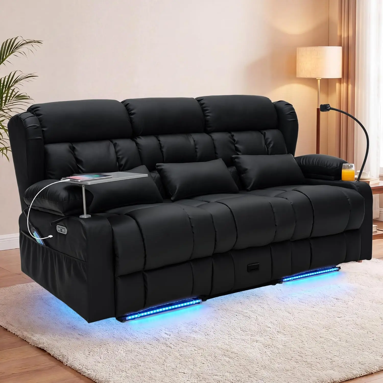 【JOYVELLEHEIM】3-Seat Power Recliner Sofa with Console - Massage, Heat, LED Theater Seating, USB Charging, Cup Holders, Drawer, 360° Tray Table, Phone Holder, Lumbar Heating - Multiple Color & Fabric Options for Adults, Reading, Watch Party, Led Lighting,