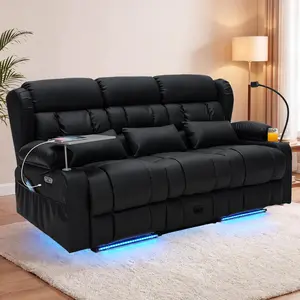 【JOYVELLEHEIM】3-Seat Power Recliner Sofa with Console, Massage & Heat, LED Theater Seating, USB Charging, Cup Holders, Drawer, 360° Tray Table, Phone Holder, Lumbar Heating, Multiple Color & Fabric Options for Gaming