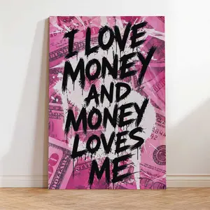 Money Quote Canvas Wall Art Pink Funky Preppy Money Motivational Wall Decor Picture I Love Money And Money Love Me Poster Print for Bedroom, Office Living Room Home Dorm Decoration Prepare To Hang