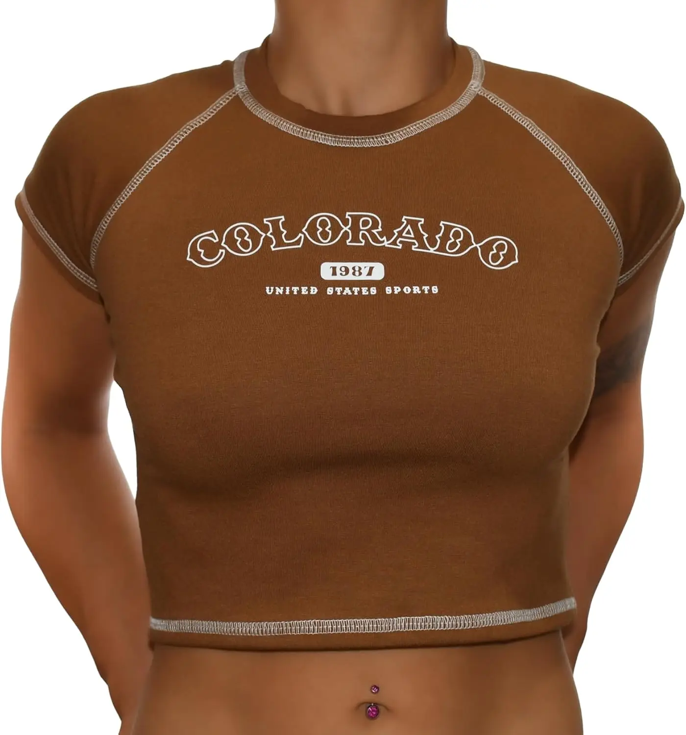Colorado T-Shirt – Colorado Crop Top – Vintage Contrast Stitch T-Shirt – Medium Brown Short Sleeve Tee – Women’s Casual Fashion – Size XS