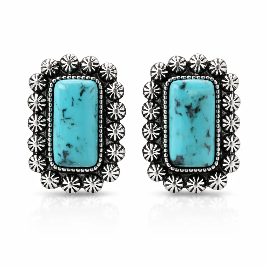 Women's Western Cowgirl Concho Stud Earrings - Antique Silver Tone, Rectangular Turquoise or Pink Stone, Western Charm, Artistic Costume Jewelry, Lightweight Unique Ear Accessories, Artistic Western Earrings