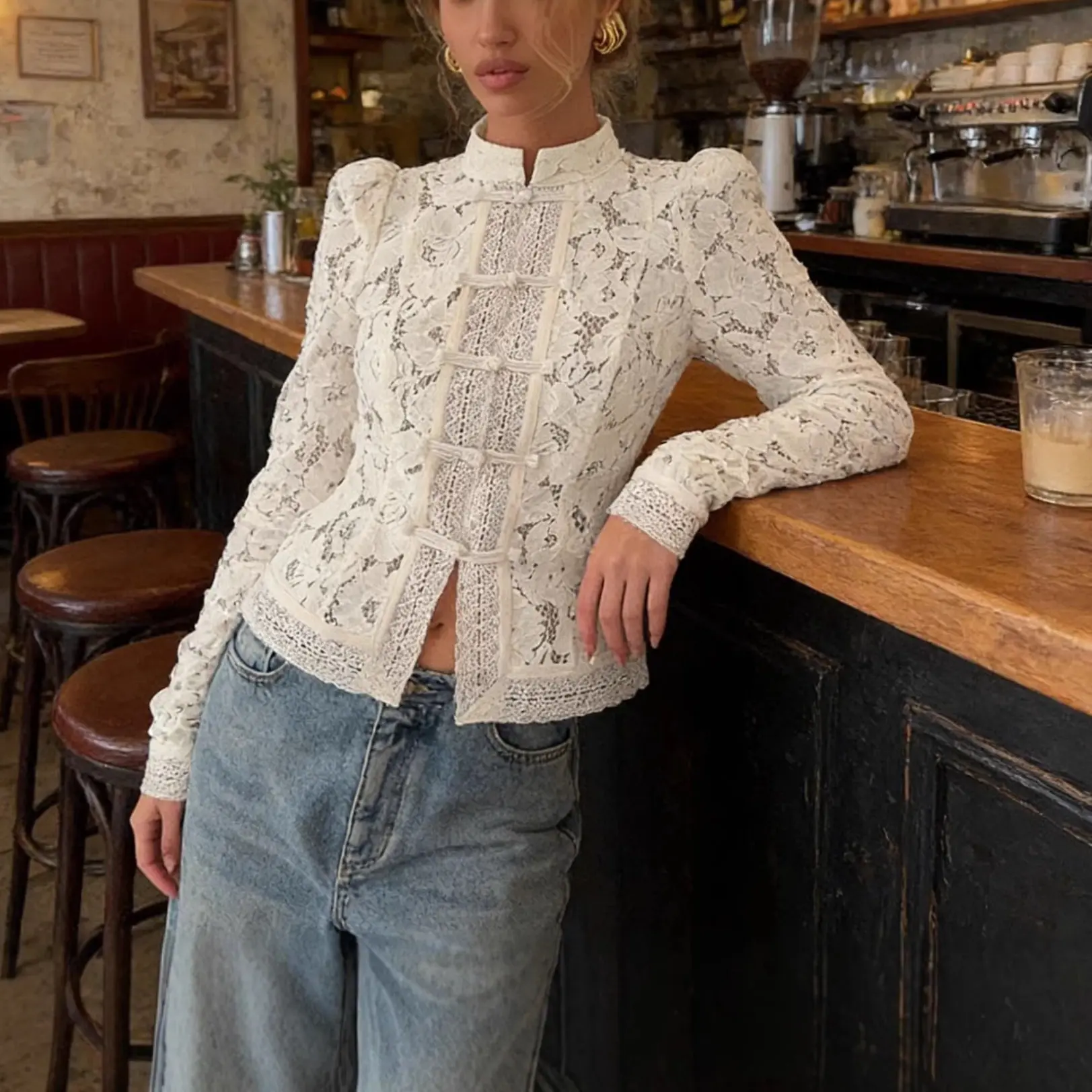 White Floral Lace Long‑Sleeve Top Frog Button Stand Collar Slim Fit Vintage Casual Blouse