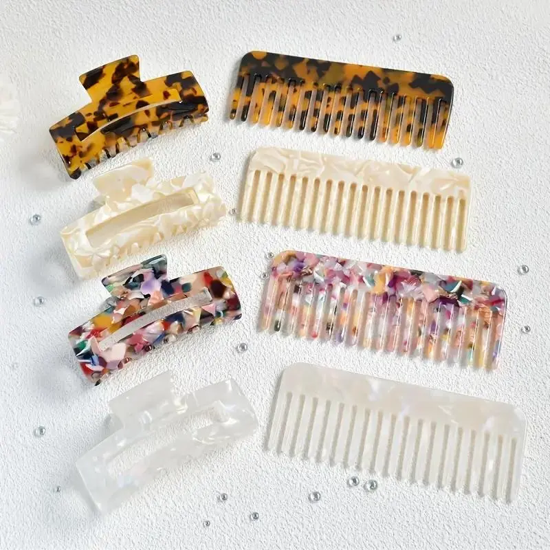 Acetate Hair Comb & Claw Clip Set, 2 Counts/set Portable Hair Comb & Claw Clip, Heatless Styling Tools for Women & Girls