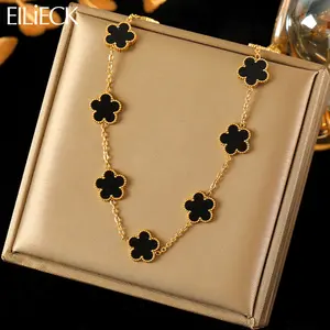 316L Stainless Steel Black 15 Flowers Clover Pendant Necklace For Women Fashion New Party Gift Neck Chain Jewelry Collar