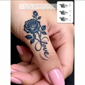 Starttoos Rose Tattoo Design for Finger - Elegant Floral Art with "Love" Script - Perfect for Personalized Body Art