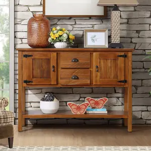 46.5in Retro Console Table - MDF with Solid Wood Veneer Top, Solid Pine Legs, 2 Drawers, 2 Cabinets, Iron Handles, 220LBS Capacity, Easy Assembly, Chic Farmhouse Classic Vintage Cottage Farmhouse Drawer-Equipped Sideboards (46.5*14*34in), Chic Farmhouse S