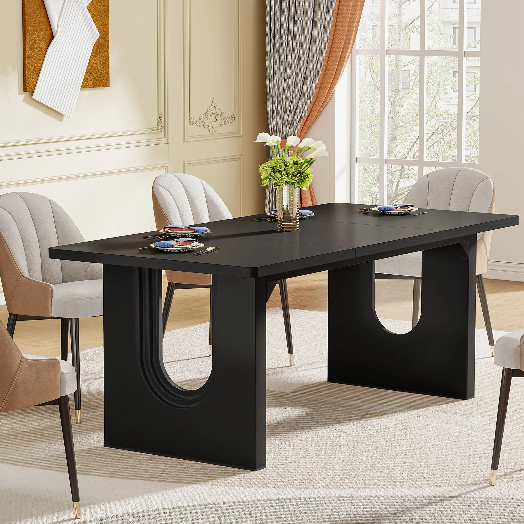 LITTLE TREE Modern Dining Table for 6 People, 71" Large Kitchen Dining Table with Wood Pedestal Base, Rectangular Long Dinner Table for Kitchen, Dining Room, Living Room