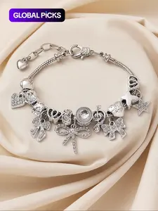 Women's Elegant Bow & Heart Design Charm Bracelet, Exquisite Trendy Charm Bracelet, Fashionable Jewelry for Women & Girls As Gift, Adjustable Bracelet, Heart Shaped Bracelet