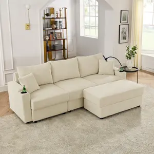 Corduroy Cloud Sectional Couch with Storage Armrest, 102" W Modern L-Shaped Soft Sectional Sofa with Cup Holders and Phone Holder, Ottoman Included, Rack for Living Room