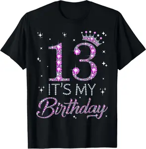 Women's 100% Cotton Graphic T-Shirt - Short-Sleeve, Comfortable, Breathable Fabric, Letter Print "It's My Birthday Pink Crown", 13th Birthday Girl Fit Top