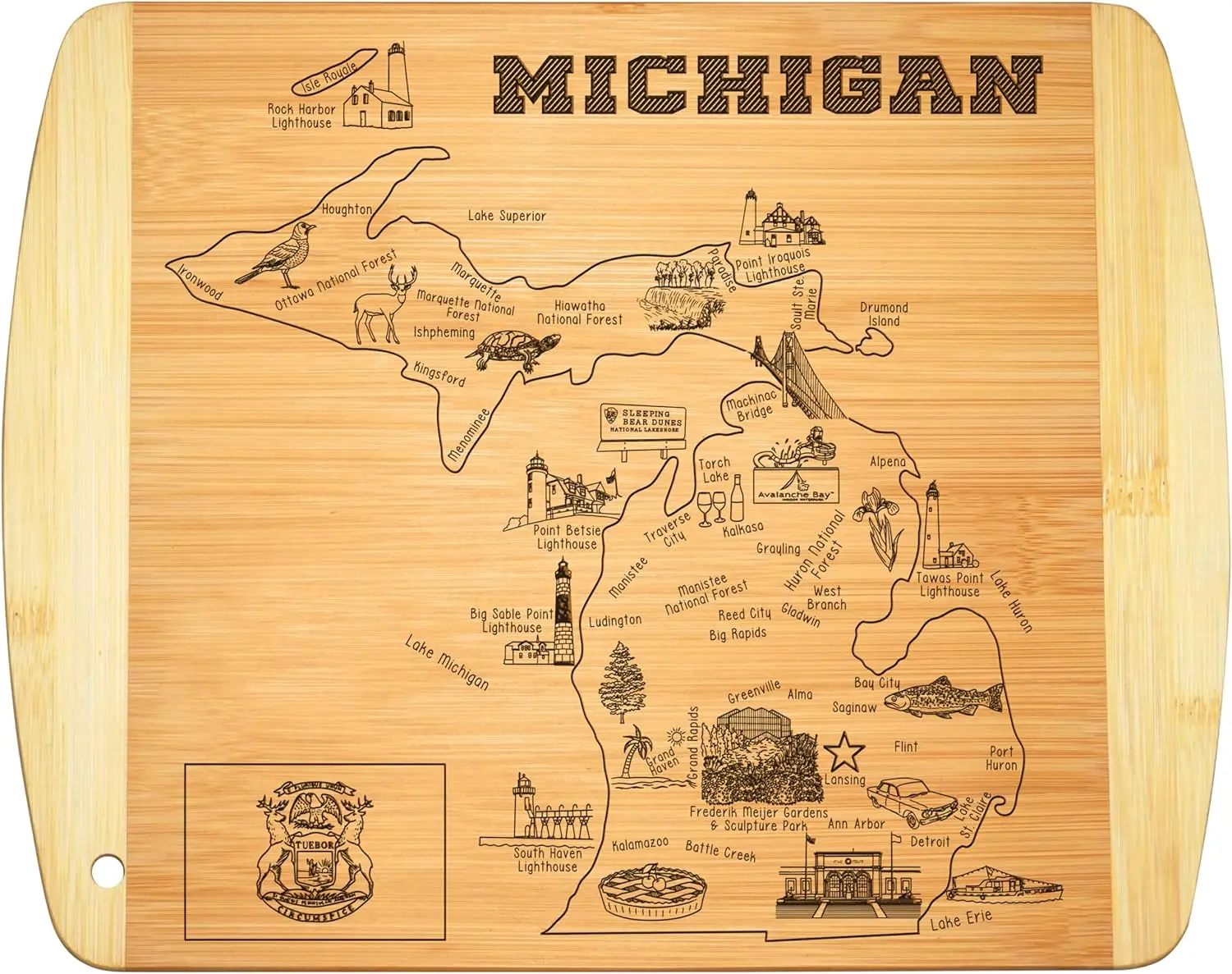 Michigan State Bamboo Cutting Board – Reversible State-Shaped Chopping & Serving Board with Detailed Engraving - Perfect Gift for Housewarmings, Weddings, Birthdays, Daily Kitchen Use & Decoration