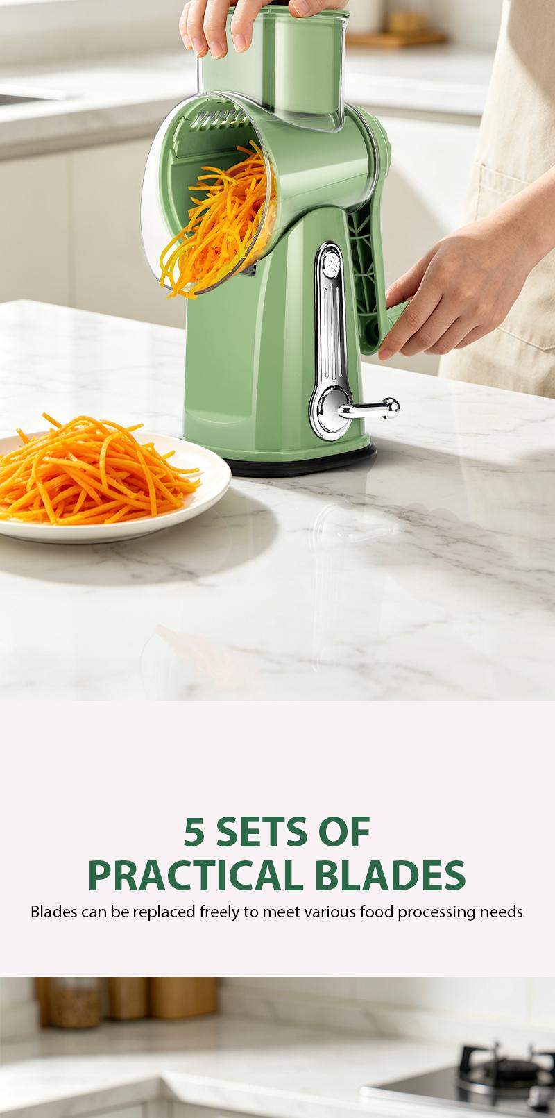 SUSTEAS Vegetable Chopper 18/10 Stainless Steel with 5 Replaceable Blades, Strong Suction Cup Base, Cheese Grater for Easy Cleaning and Storage Kitchen Food Green Utensils