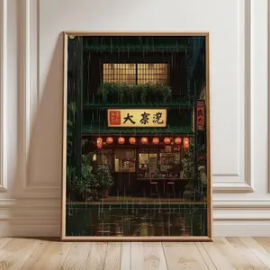 Tokyo Ramen Shop Poster, Japanese rainy night anime wall art print in cinematic illustration style