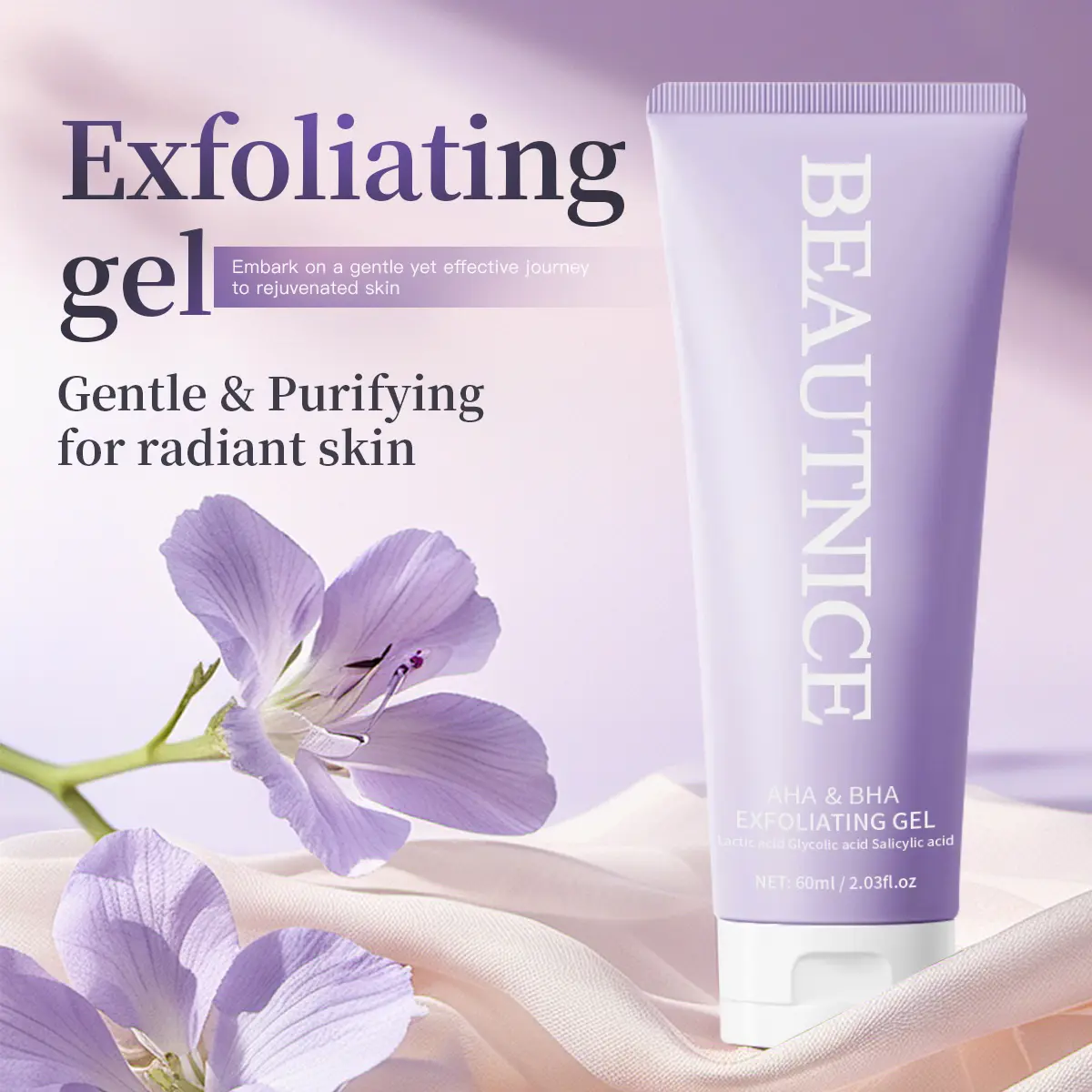 BEAUTNICE Aha & Bha Exfoliating Gel 60ml - Gentle Purifying Formula with Lactic Glycolic & Salicylic Acids for Radiant Skin Care Moisturizing & Hydrating Chemical Peel Mask
