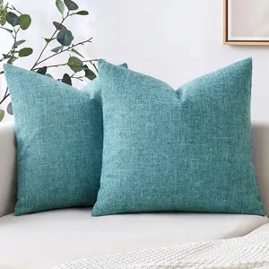 Pack of 2 Light Blue Faux Linen Throw Pillow Covers Square Rustic Farmhouse Decorative Burlap Pillowcases Cushion Covers for Couch Bed Sofa Living Room 18x18 Inch