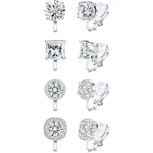 Cubic Zirconia Clip-On Earrings - Women's Hypoallergenic Comfortable Non-Piercing Stud Earrings for Weddings and Dance Competitions, Clip-On Earrings