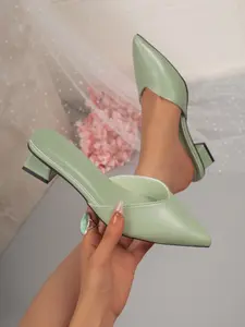 Women's Purple Leather Pointed Toe Block Heel Mule Slides - Slip-On Casual & Evening Footwear #muleslides #purpleshoes #blockheels #tiktokshoefinds #leathershoes