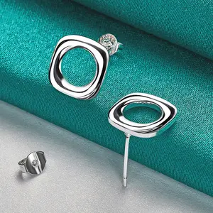 Silver Jewelry 10mm Square Stud Earrings Women
