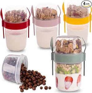 4 Pack On The Go 22 oz Breakfast Cups with Lids and Spoon, Reusable Cereal Yogurt Cup with Topping Plastic Overnight Oats Container for Granola Oatmeal