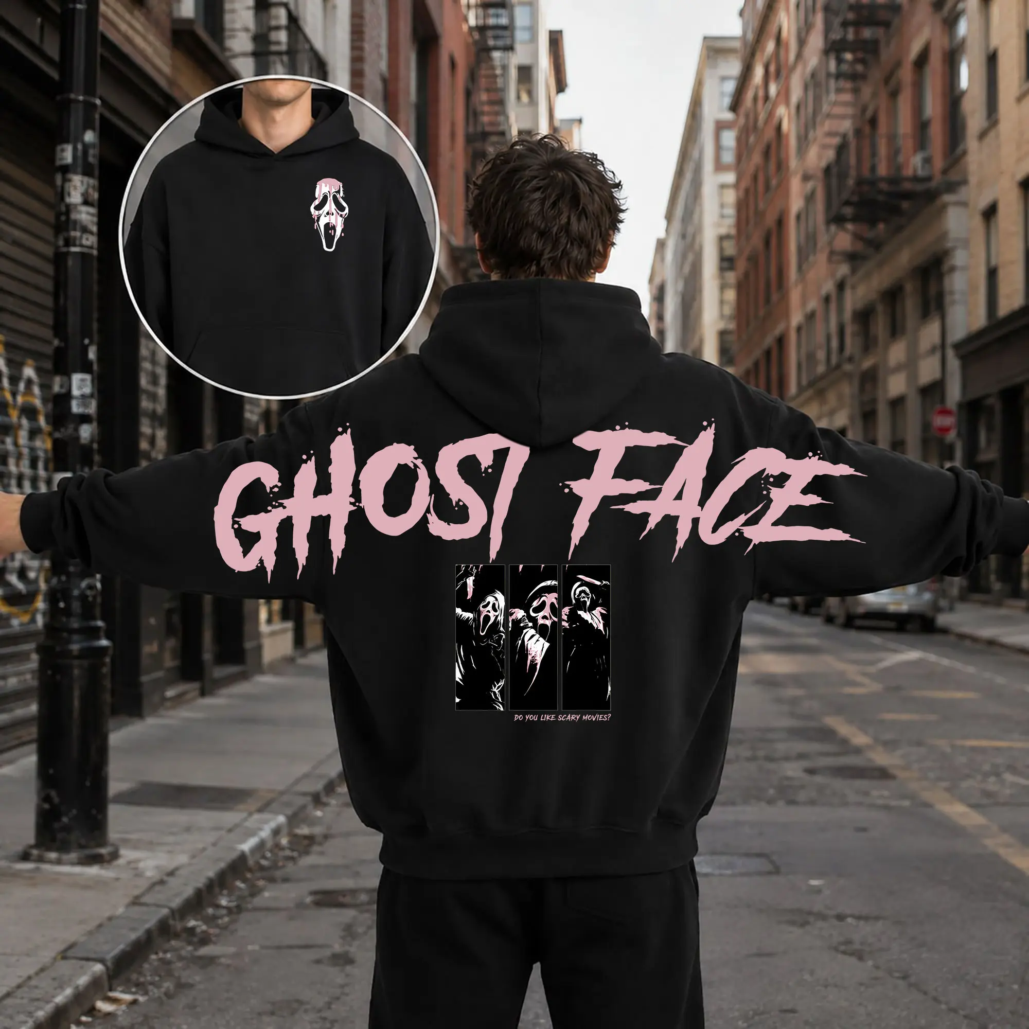 Ghostface Arm to Arm Back Sweatshirt Hoodie, Halloween Horror Sweater, Halloween Shoulder-to-Shoulder Hoodie, Gift for Him and Her