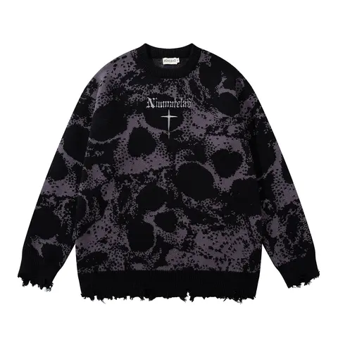 Men's Gothic Skull Embroidered Graphic Sweater, Casual Round Neck Knitwear for Fall & Winter, Fashionable Long Sleeve Knitted Pullover, Knit Sweaters