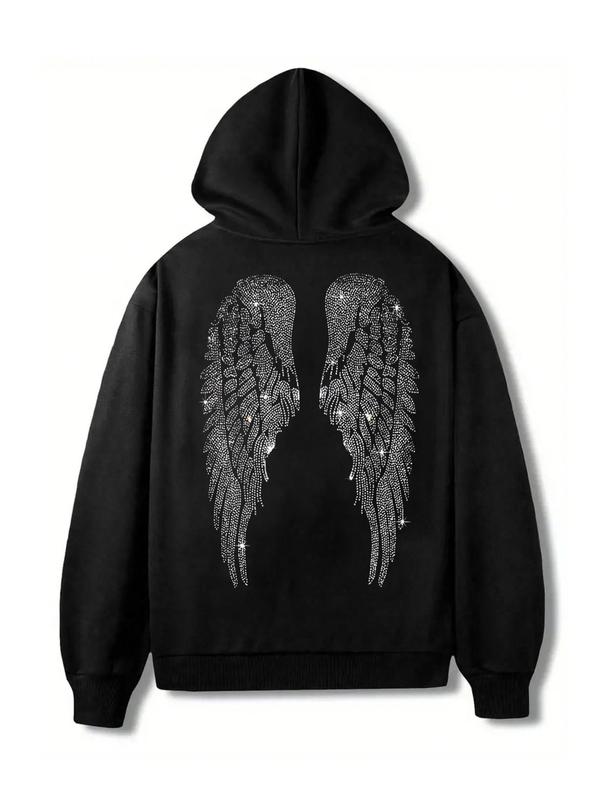 Hooded Sweatshirt with Rhinestone Wings Print, Street Style Fitted Long Sleeve, Soft Comfortable Fabric, All Seasons Wear