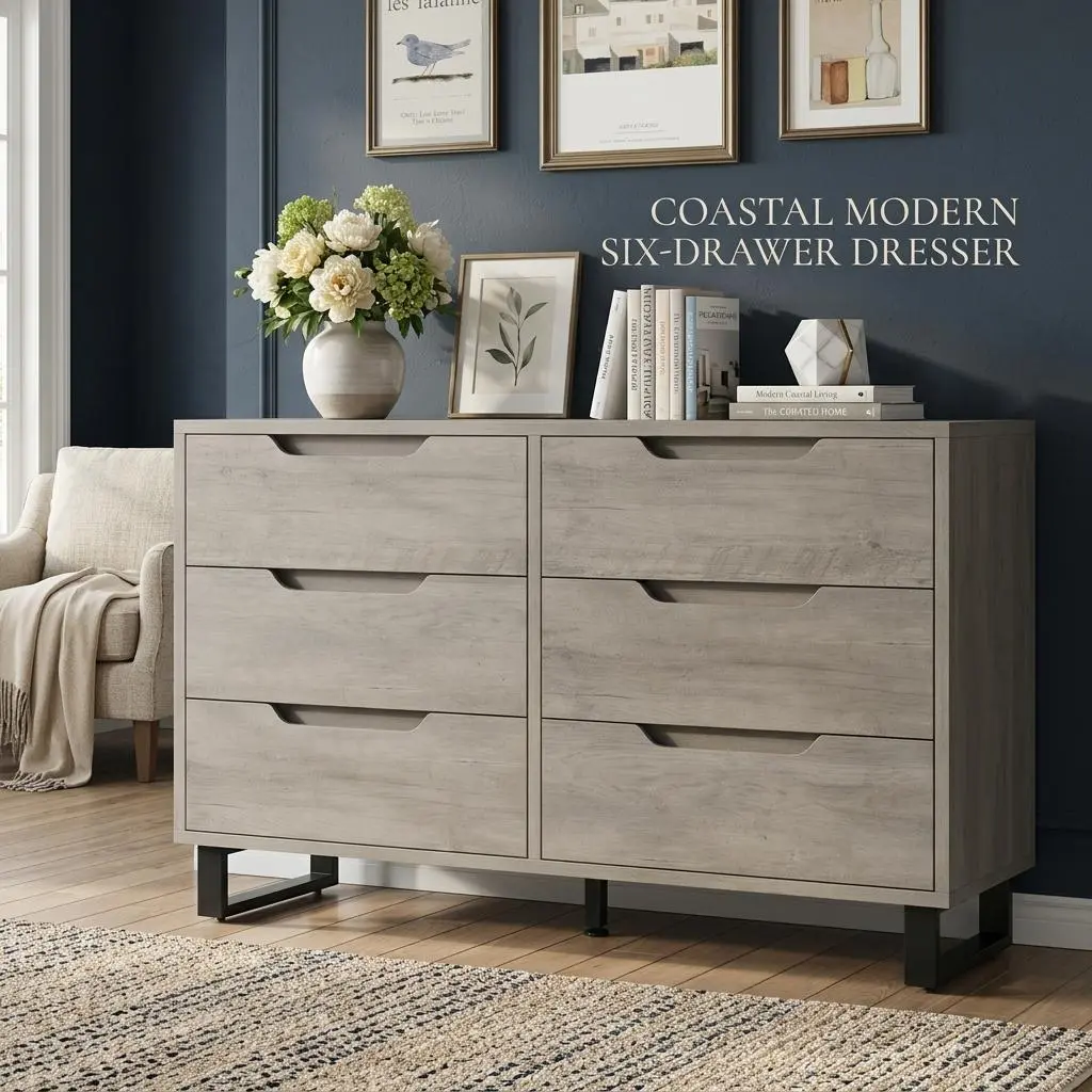 ZR-GRAVEE Modern 6 Drawer Wooden Dresser Large Bedroom Storage Organizer Sturdy and Easy Assembly 47 Inch Wide Aesthetic Chest