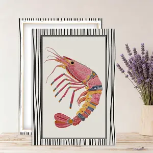 Striped shrimp canvas frame wall hanging, colorful coastline, bohemian nautical seafood illustration, seaside cottage marine life art, suitable for restaurant and kitchen decoration.