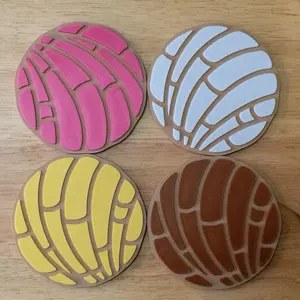 Concha Coasters with Holder - Colorful Coasters Featuring Pink Blue Yellow and Brown Patterns