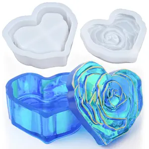 1 set Heart Jar Resin Mold with Rose Lid Epoxy Resin Storage Box Casting Molds DIY Jewelry Trinket Candy Container Silicone Mould Concrete Cement Plaster Planter Candle Vessel Craft Silicone Molds